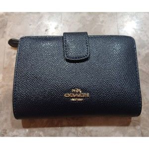 Coach Bifold Corner Zip Snap Closure Wallet Black Saffiano Pebble Leather 6"x4"